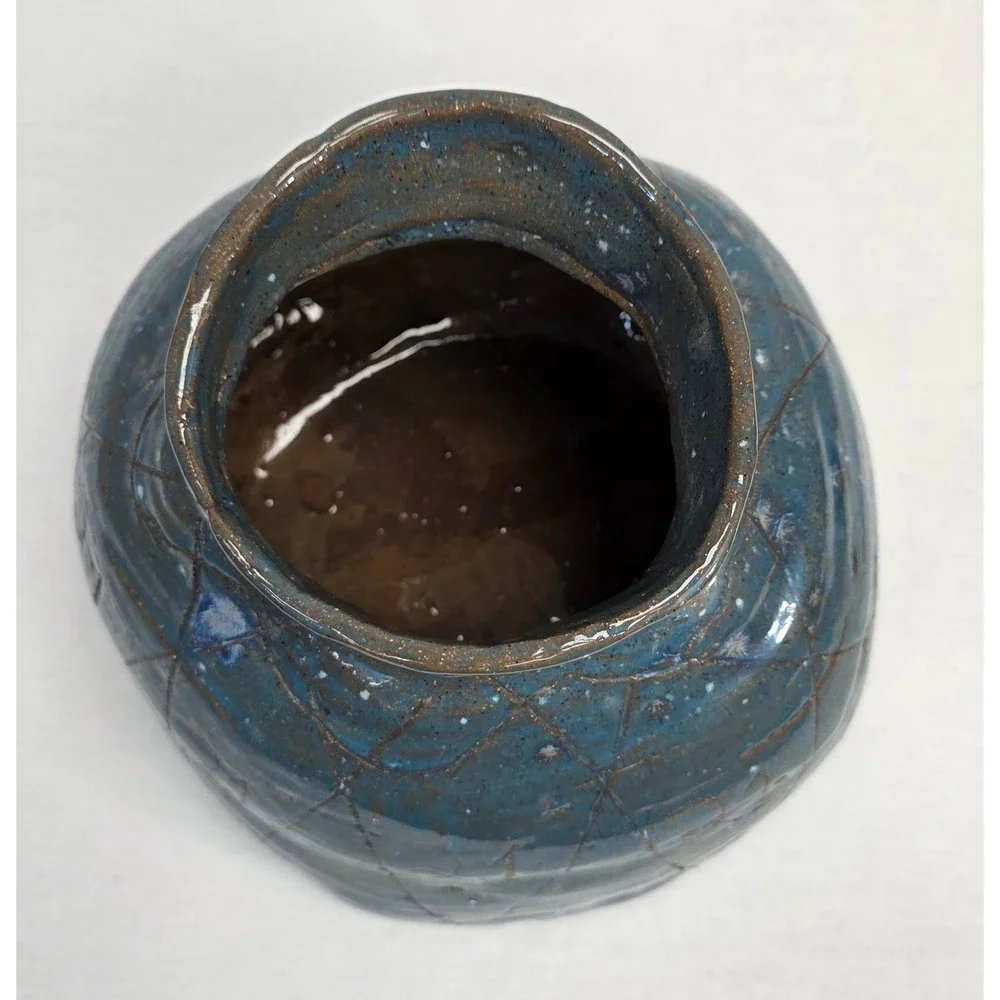 Studio Pottery Blue Glazed Ceramic Vase Handcrafted Etched Geometric Vessel